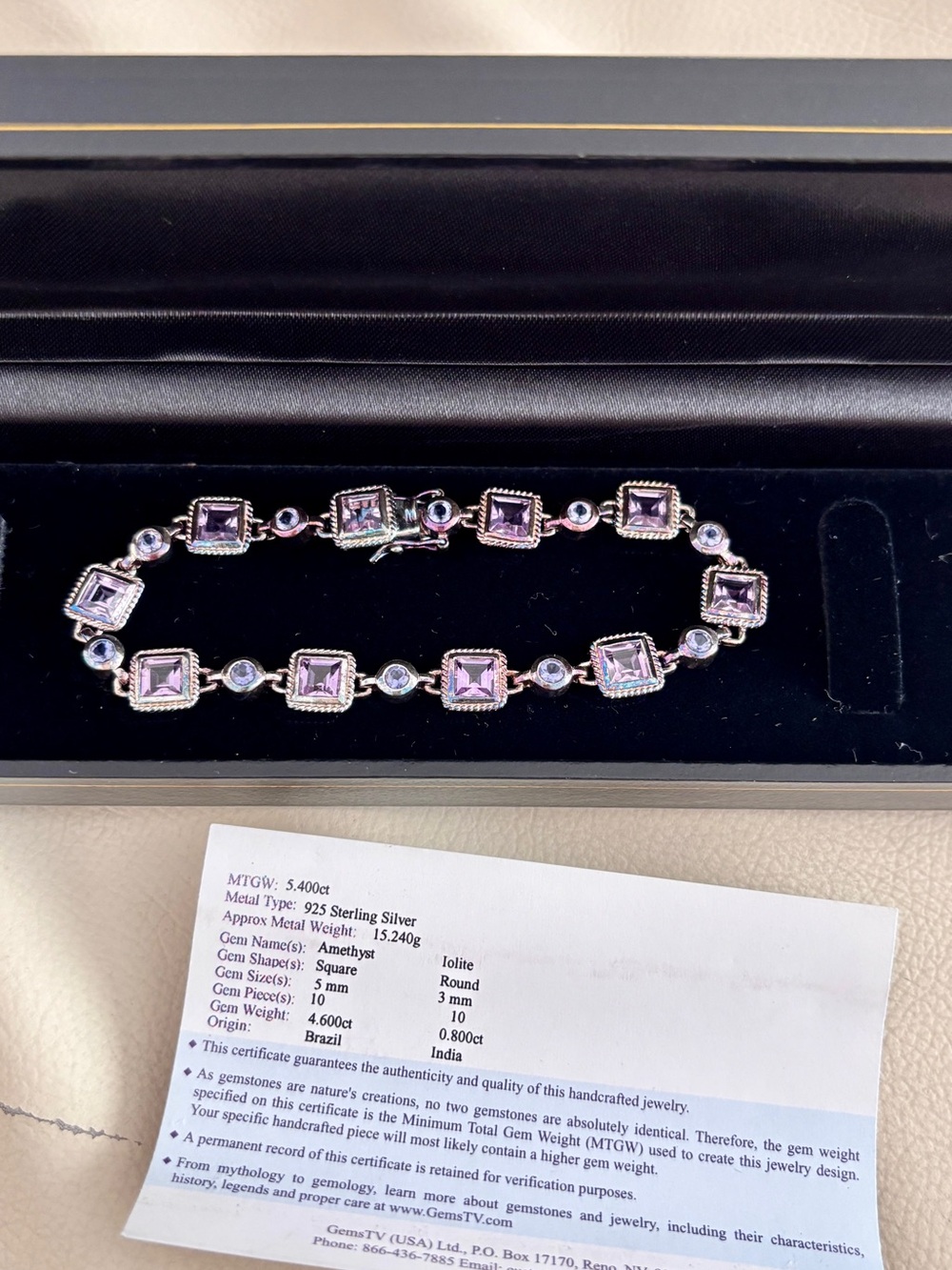 Sterling Silver Amethyst Square Link Bracelet - Purple